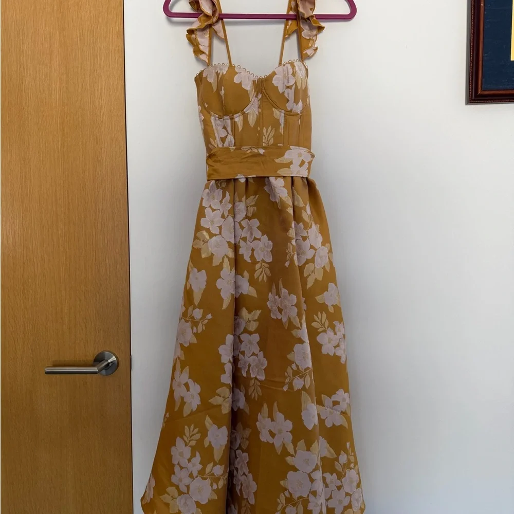 V. Chapman Vera Ruffle-Strap Corset Side-Slit Midi Dress - Gold Baroque Floral - Picture 1 of 4